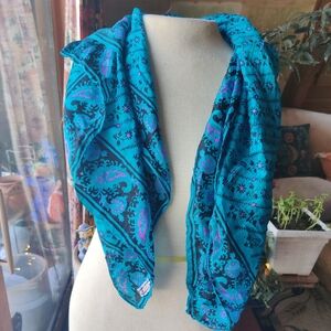 Vintage Silk Scarf India Handwoven 33.5" x 35" Stamped Bohemian Boho Artsy Batik